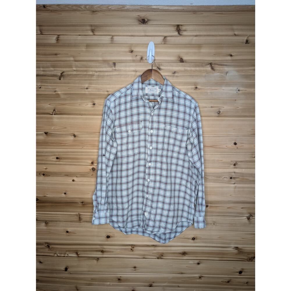 Vintage Polo Ralph Lauren Shirt Mens Medium Blue Plaid 100%‎ Cotton Flawed